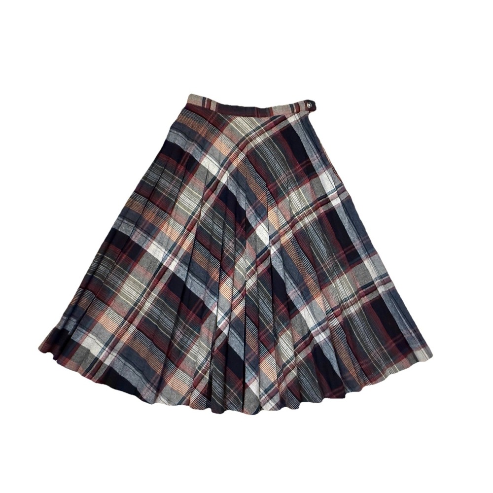 Vintage Casual Corner 80s Plaid Midi Skirt Tan Black Red Wool Blend Sz 9/10